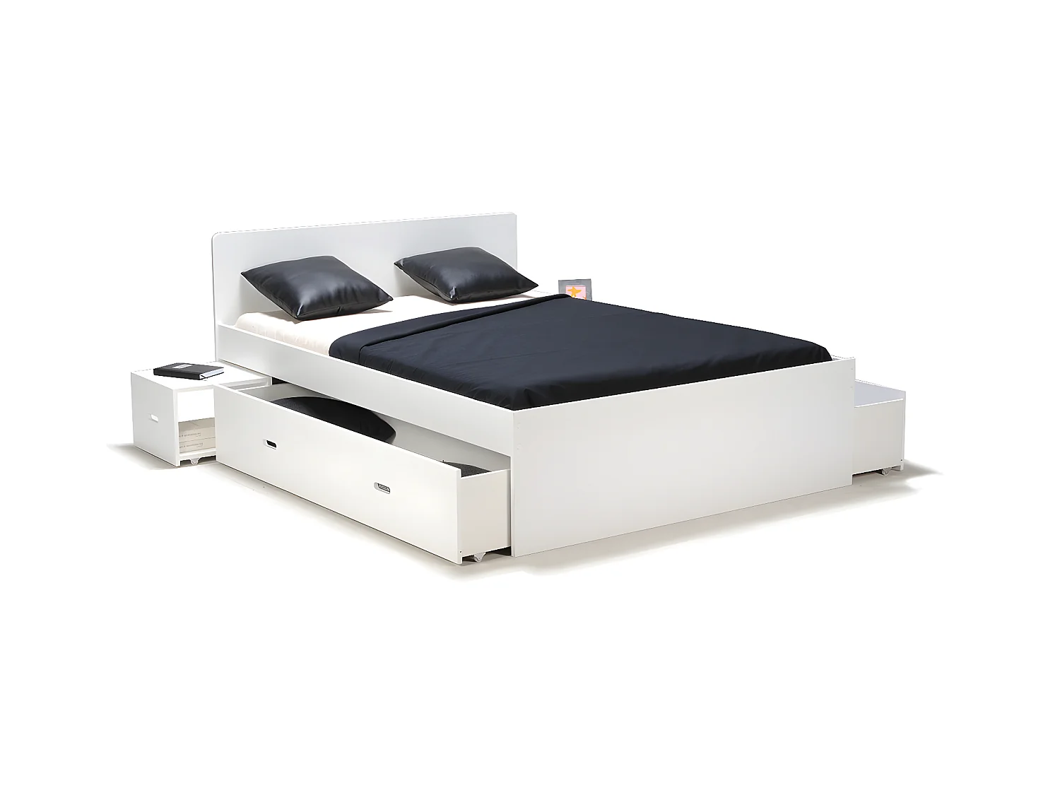 Lit double ZENIA 160x200 + 2 chevets + 2 tiroirs / Blanc