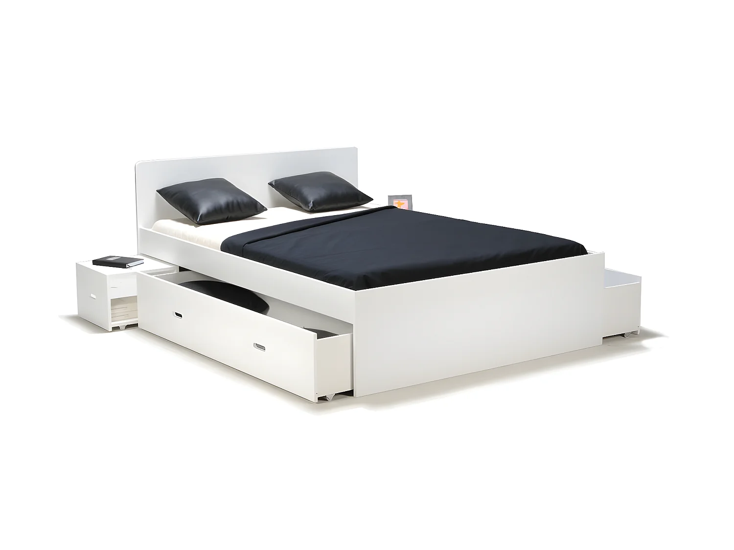 Lit double ZENIA 160x200 + 2 chevets + 2 tiroirs / Blanc