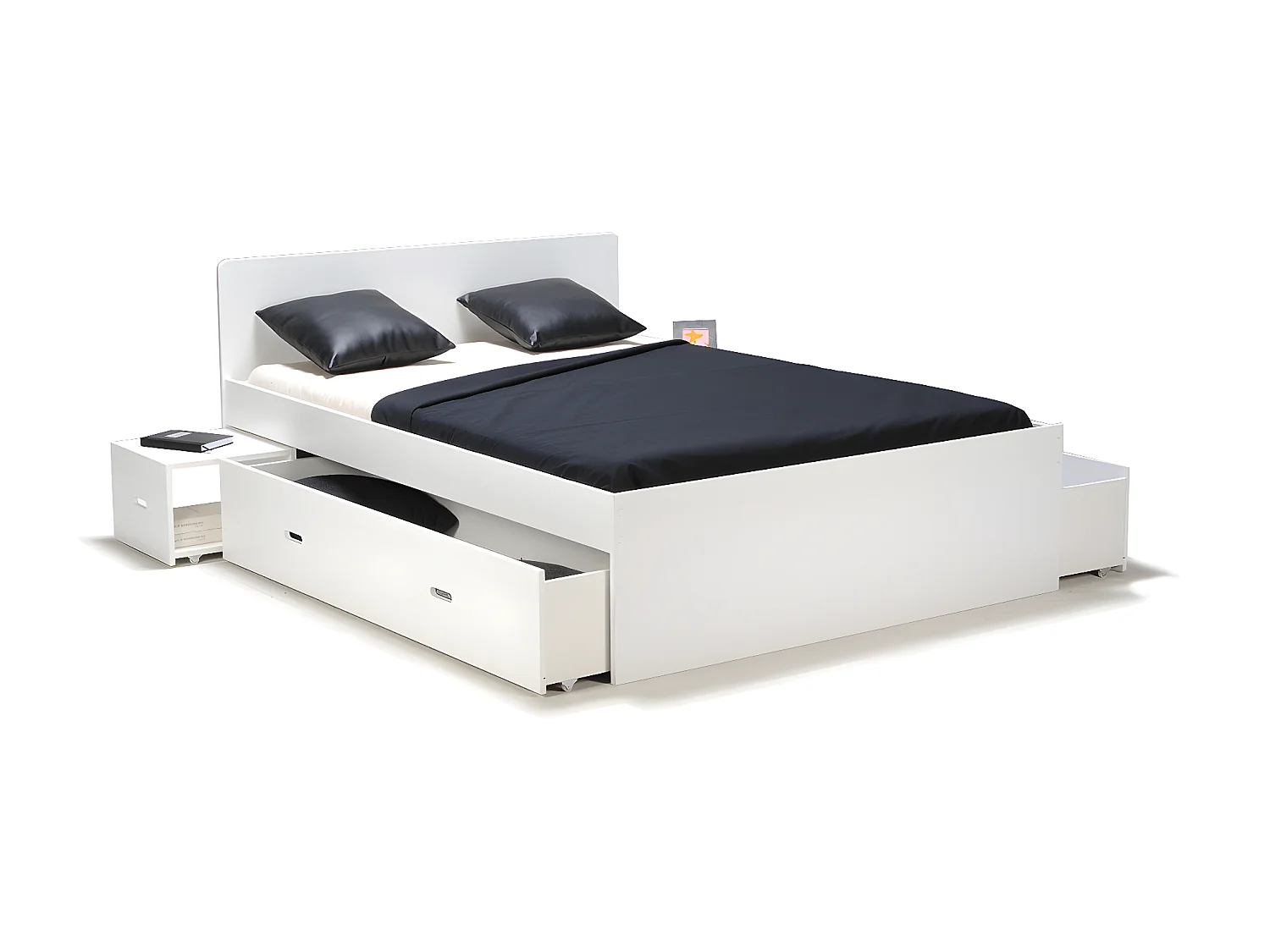 Lit double ZENIA 160x200 + 2 chevets + 2 tiroirs / Blanc