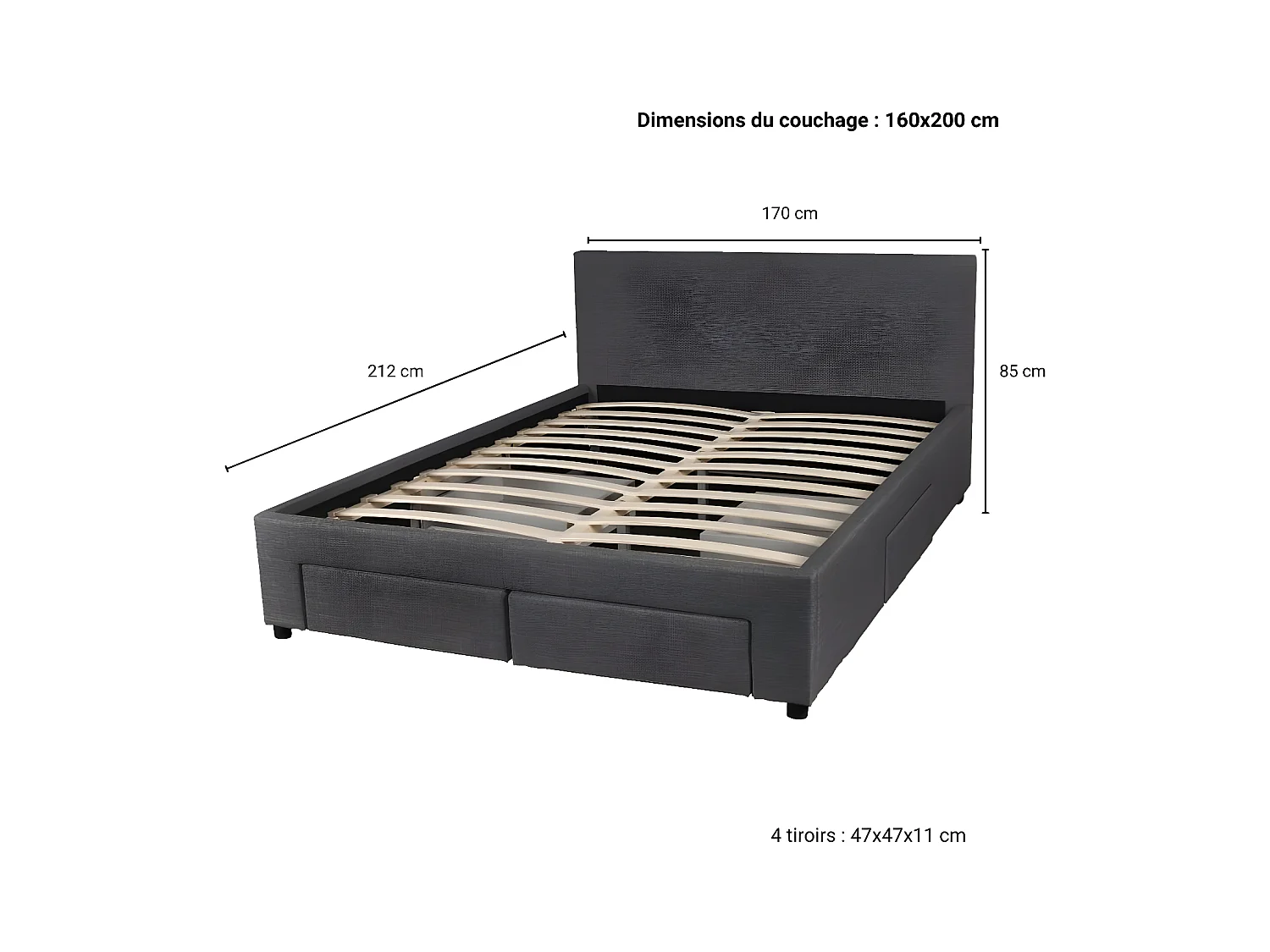 Lit LUGANO 160x200 + 1 sommier + 4 tiroirs / Gris foncé