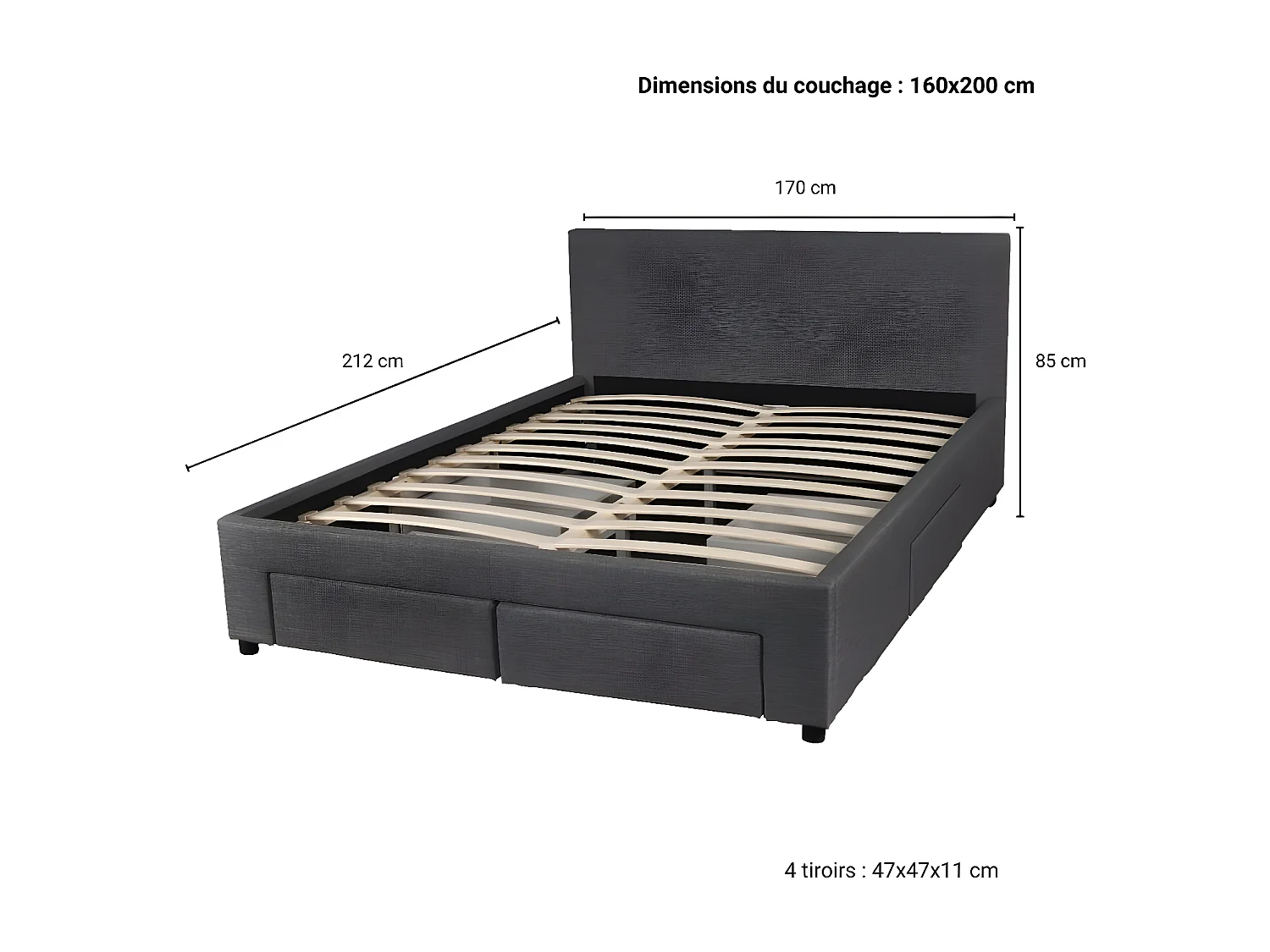 Lit LUGANO 160x200 + 1 sommier + 4 tiroirs / Gris foncé