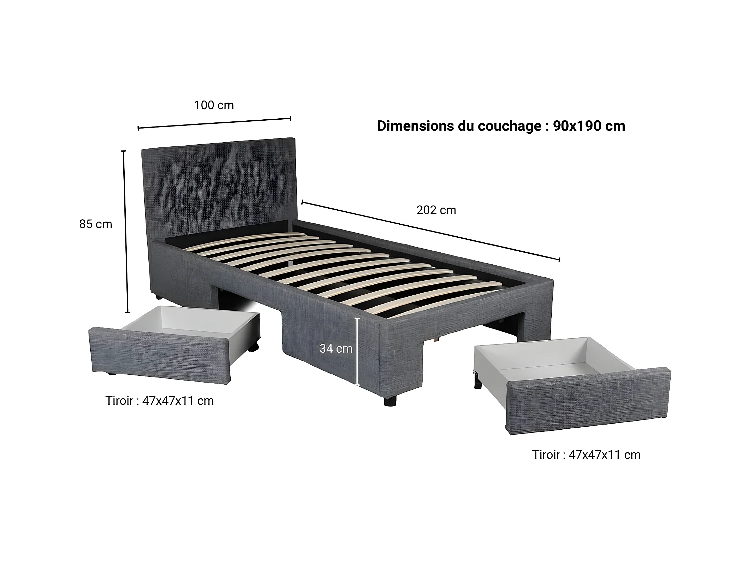 Lit LUGANO 90x190 + 1 sommier + 2 tiroirs / Gris foncé