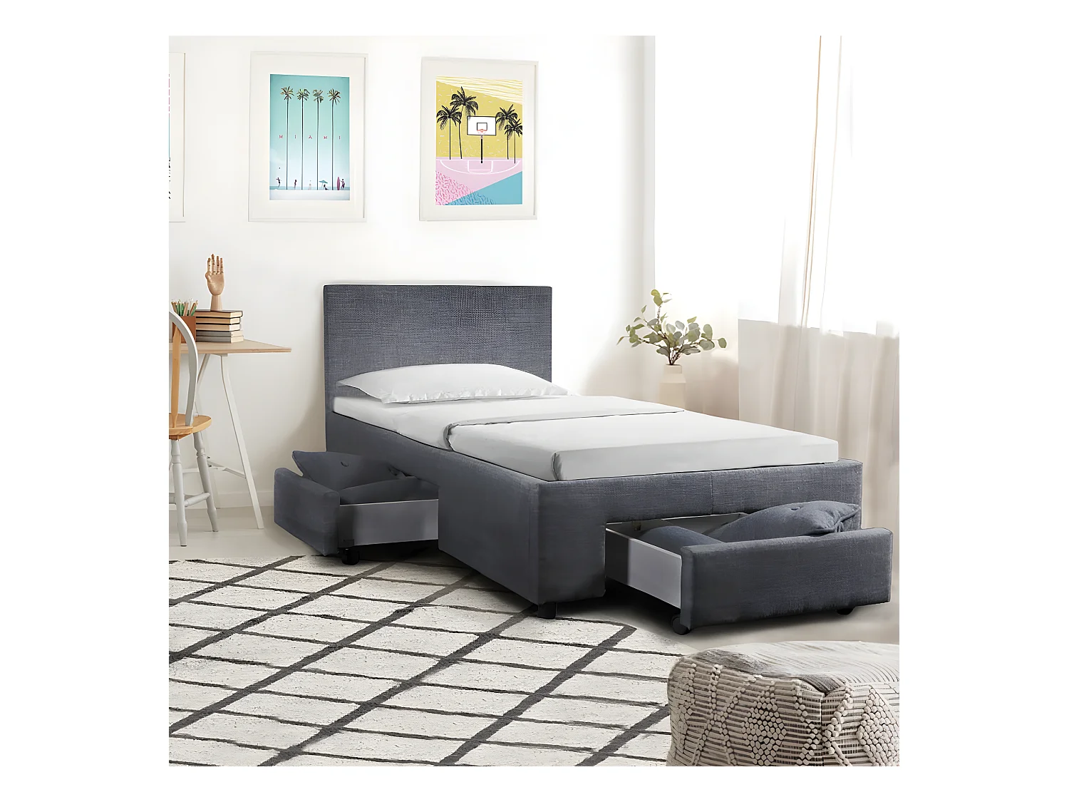 Lit LUGANO 90x190 + 1 sommier + 2 tiroirs / Gris foncé