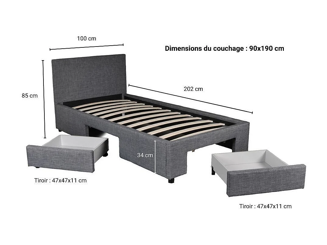 Lit LUGANO 90x190 + 1 sommier + 2 tiroirs / Gris foncé