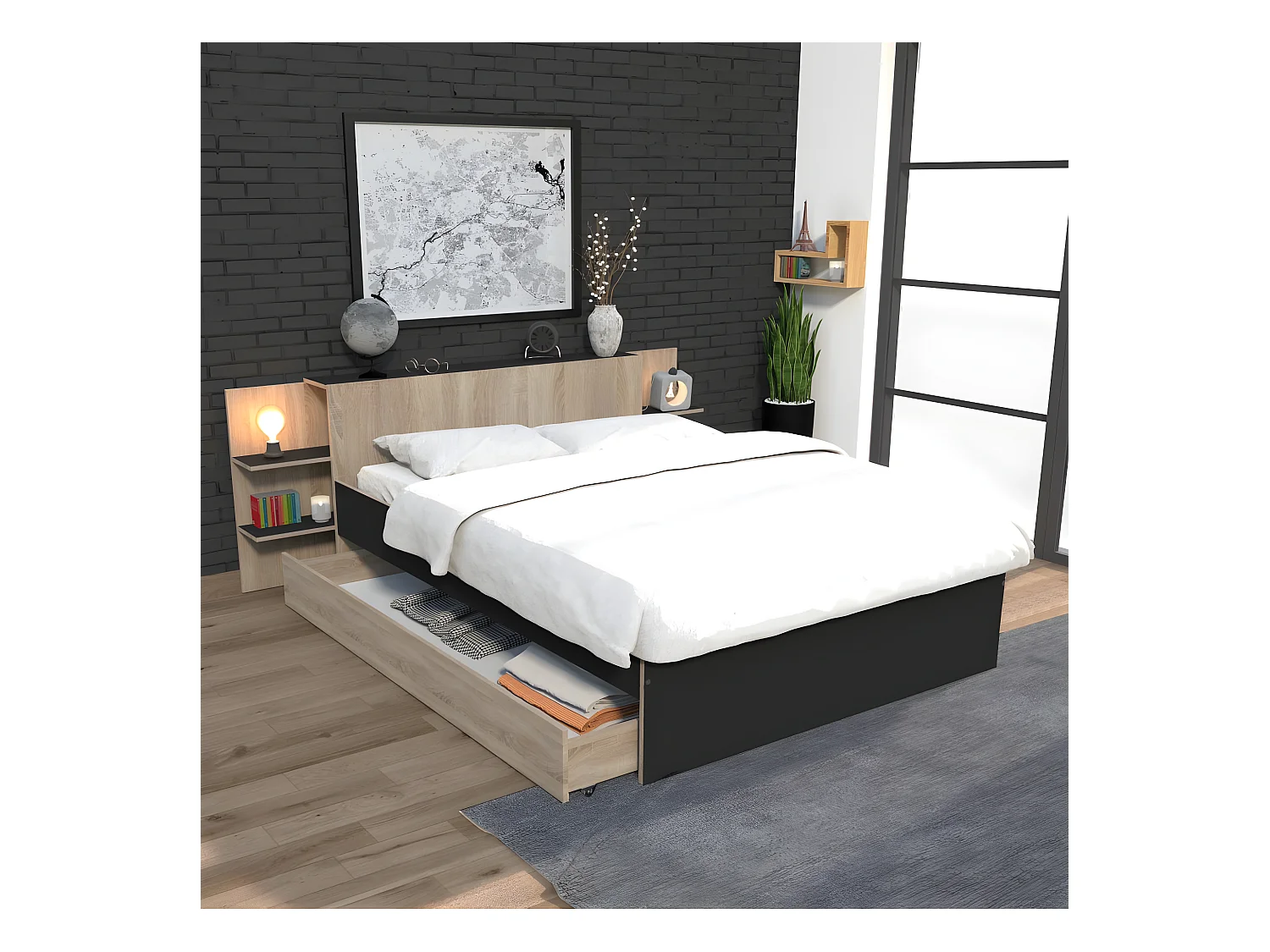 Lit CITY 140x190 + tête de lit chevet+ 1 tiroir / Décor Noir & chêne blanchi