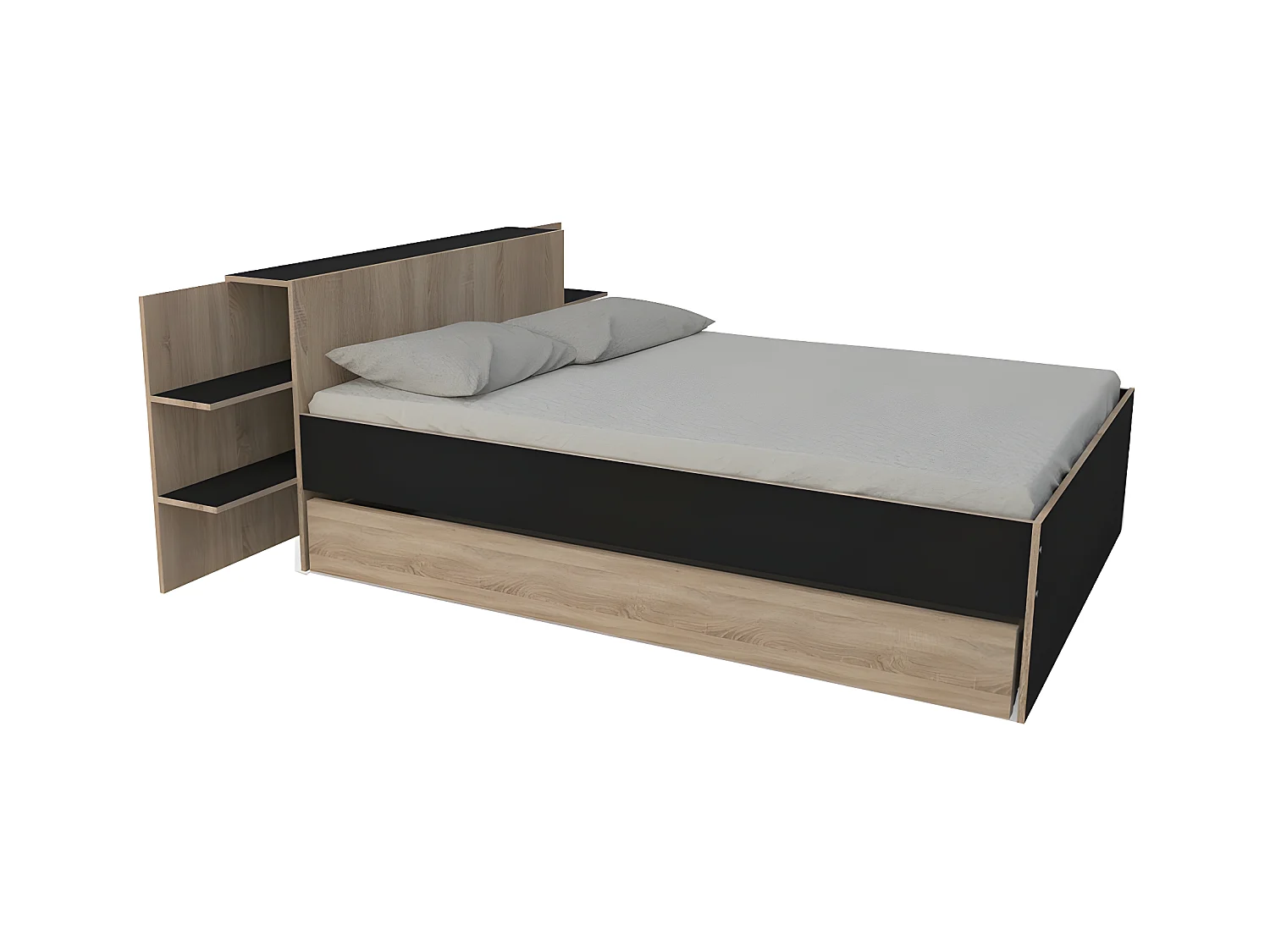 Lit CITY 140x190 + tête de lit chevet+ 1 tiroir / Décor Noir & chêne blanchi