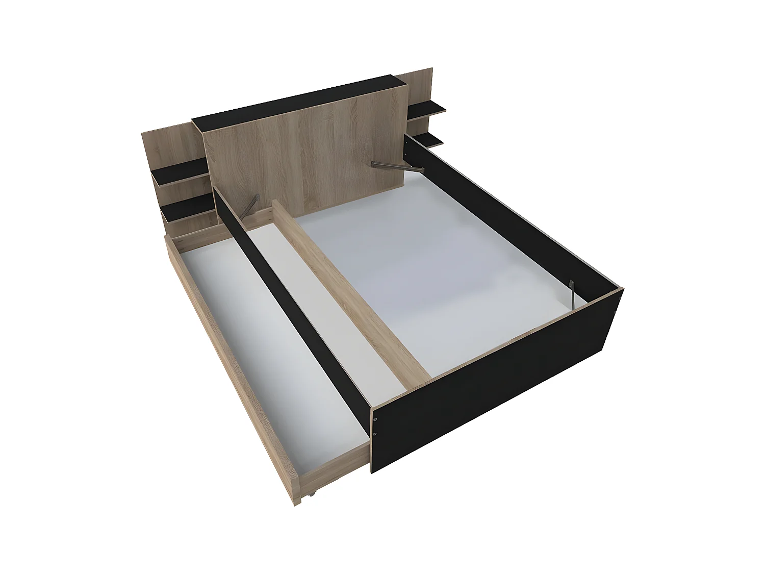 Lit CITY 140x190 + tête de lit chevet+ 1 tiroir / Décor Noir & chêne blanchi