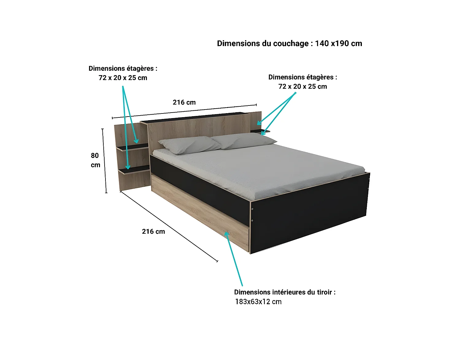 Lit CITY 140x190 + tête de lit chevet+ 1 tiroir / Décor Noir & chêne blanchi