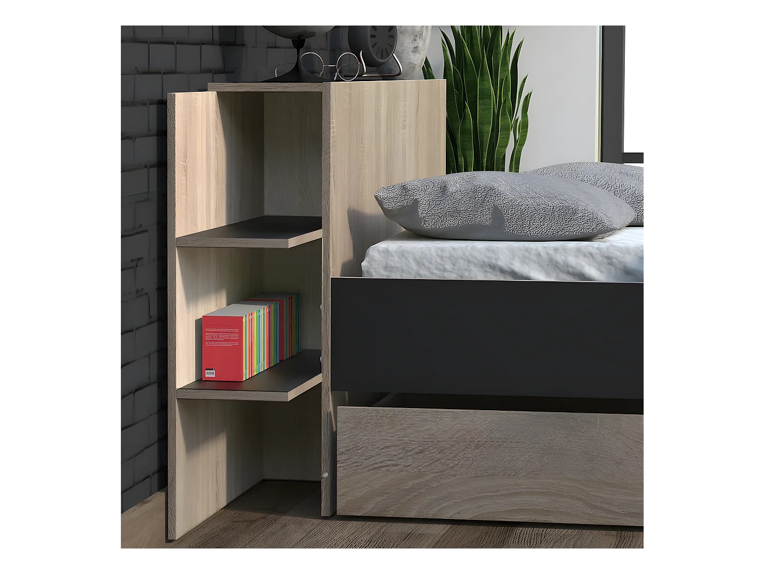 Lit CITY 140x190 + tête de lit chevet+ 1 tiroir / Décor Noir & chêne blanchi