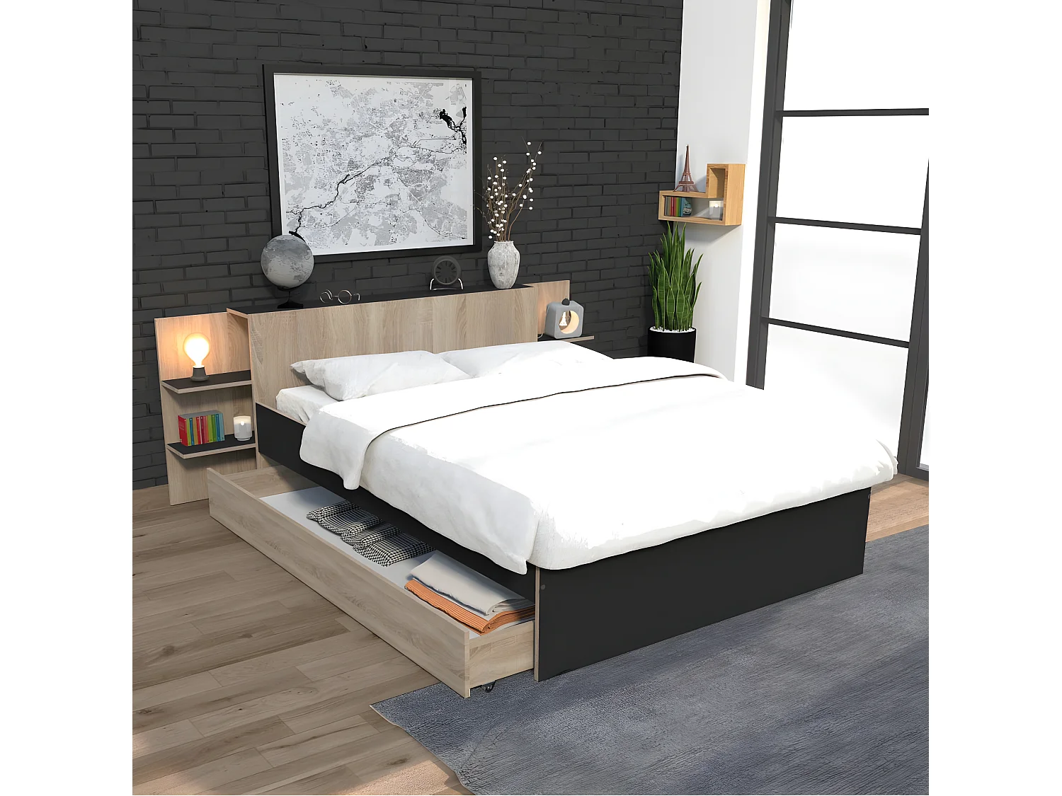 Lit CITY 140x190 + tête de lit chevet+ 1 tiroir / Décor Noir & chêne blanchi
