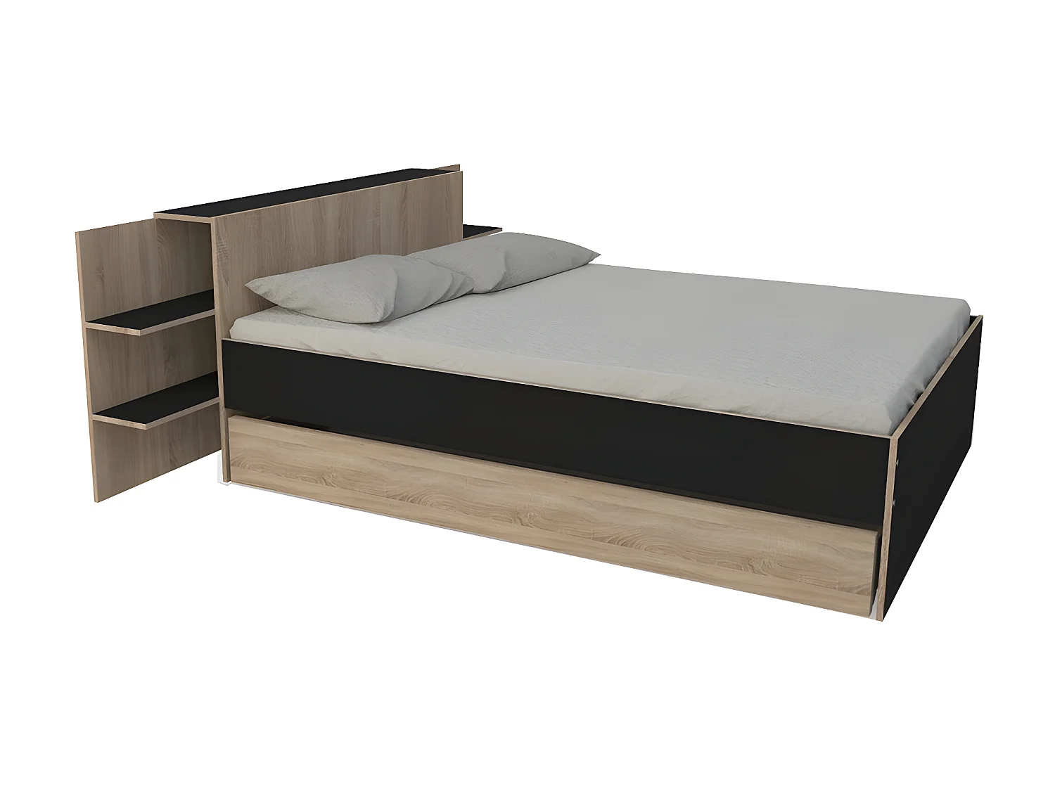 Lit CITY 140x190 + tête de lit chevet+ 1 tiroir / Décor Noir & chêne blanchi