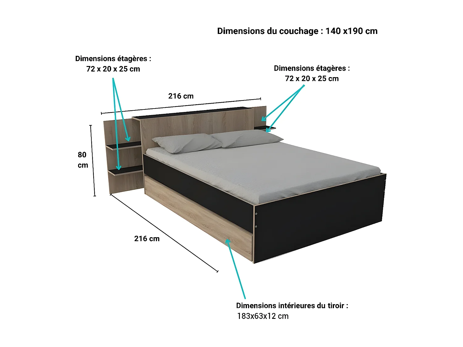 Lit CITY 140x190 + tête de lit chevet+ 1 tiroir / Décor Noir & chêne blanchi
