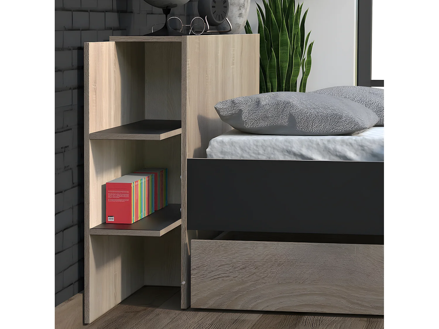 Lit CITY 140x190 + tête de lit chevet+ 1 tiroir / Décor Noir & chêne blanchi