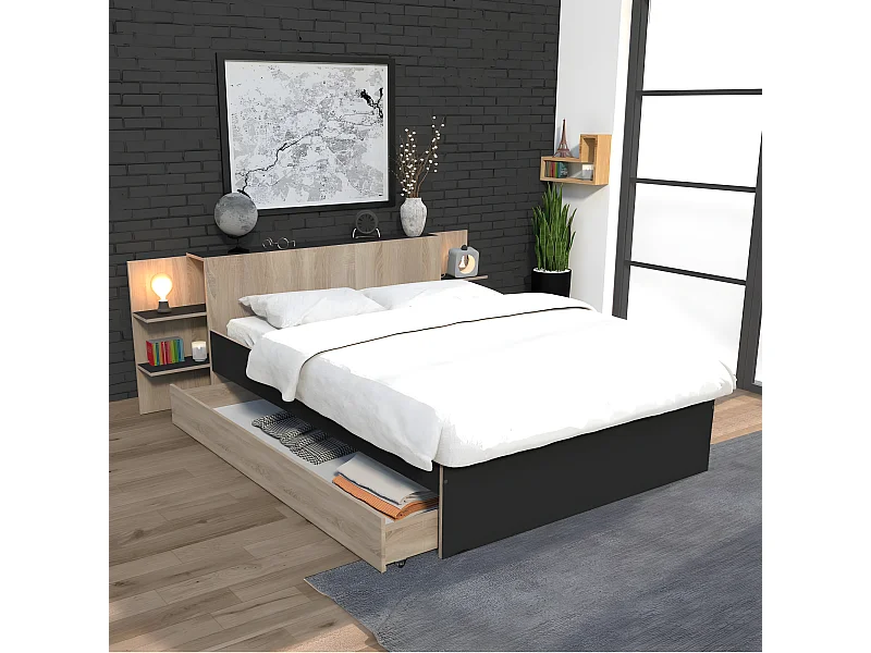 Lit CITY 140x190 + tête de lit chevet+ 1 tiroir / Décor Noir & chêne blanchi