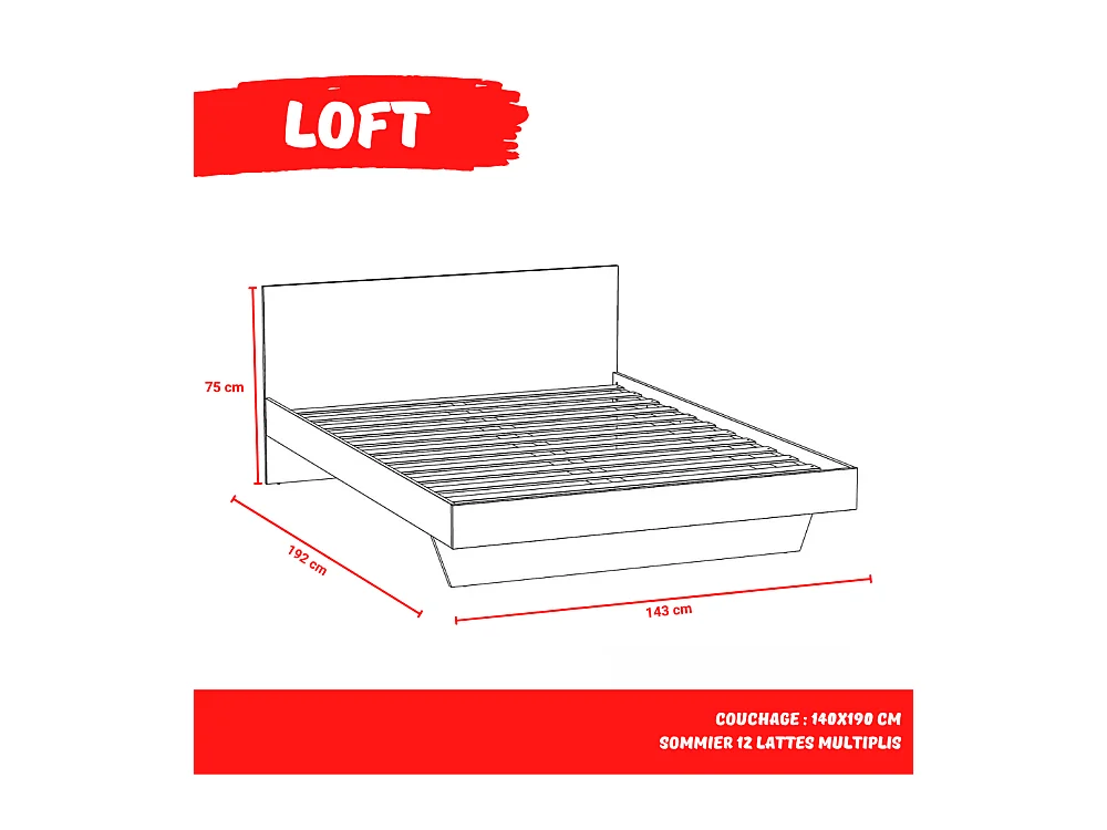 Lit LOFT 140x190 + 1 sommier + tête de lit / Décor Chêne blanchi