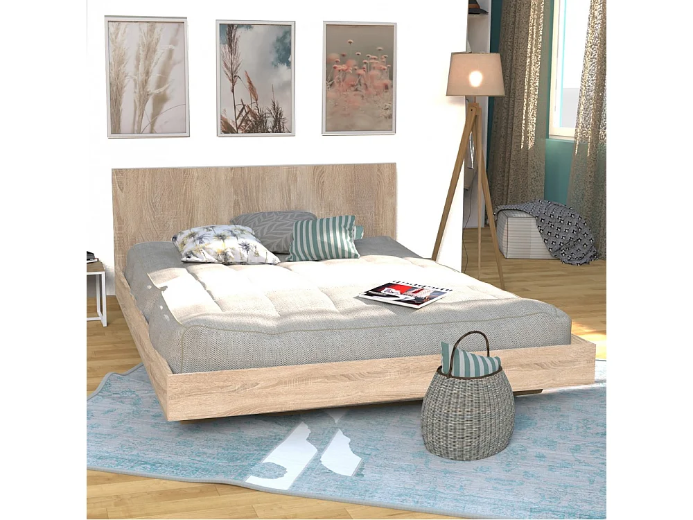 Lit LOFT 140x190 + 1 sommier + tête de lit / Décor Chêne blanchi