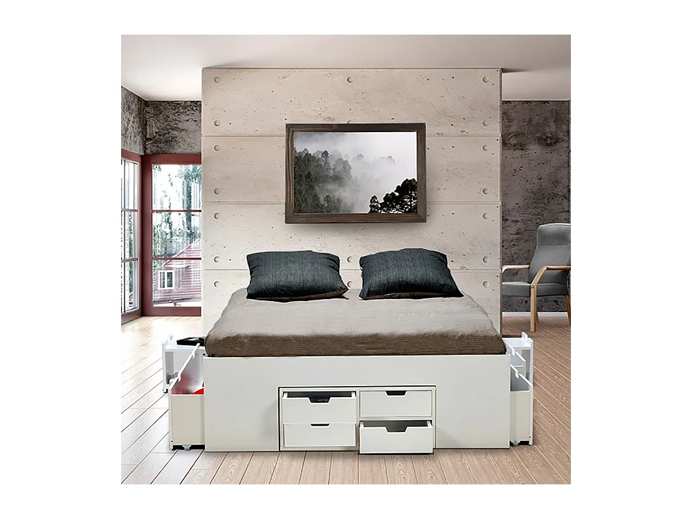 Lit double JAZZ 160x200 7 tiroirs + 2 chevets / Blanc