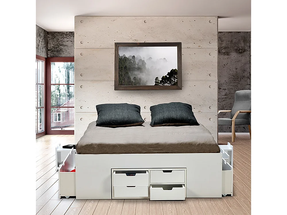 Lit double JAZZ 160x200 7 tiroirs + 2 chevets / Blanc