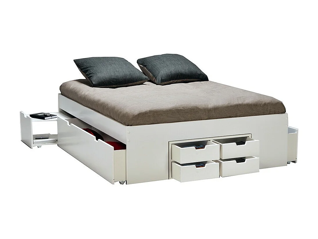 Lit double JAZZ 160x200 7 tiroirs + 2 chevets / Blanc