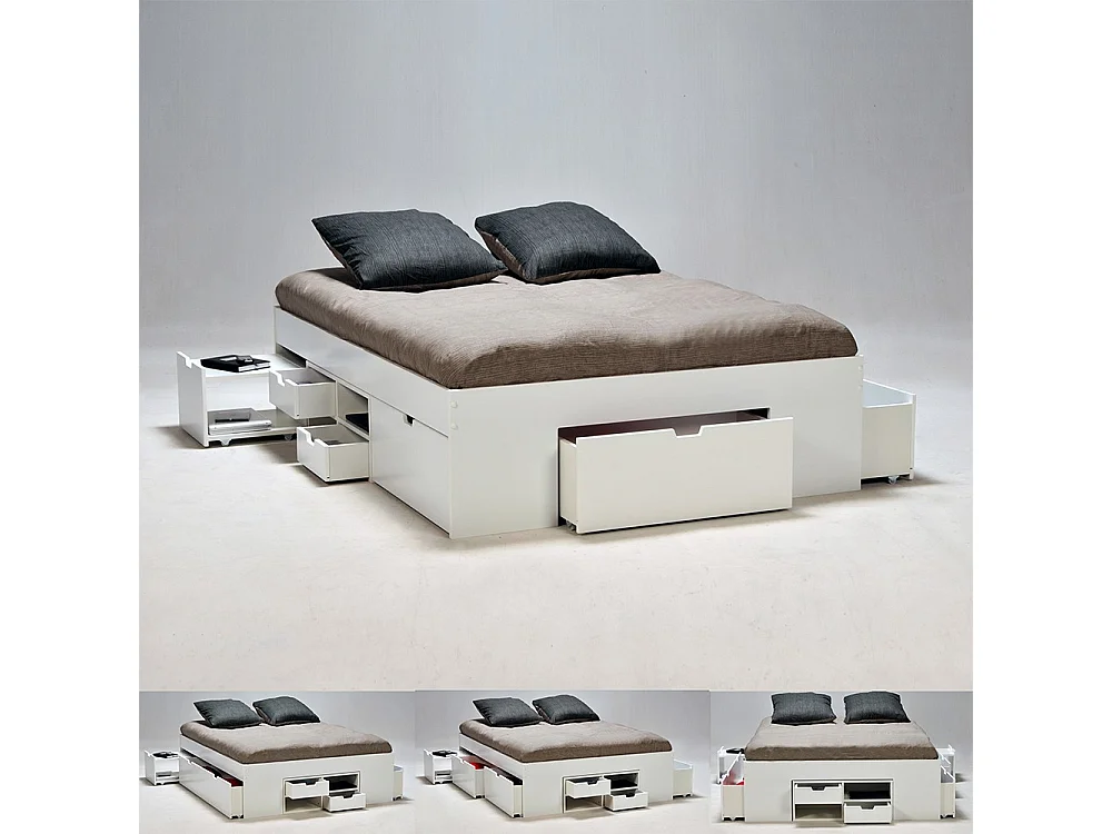 Lit double JAZZ 160x200 7 tiroirs + 2 chevets / Blanc