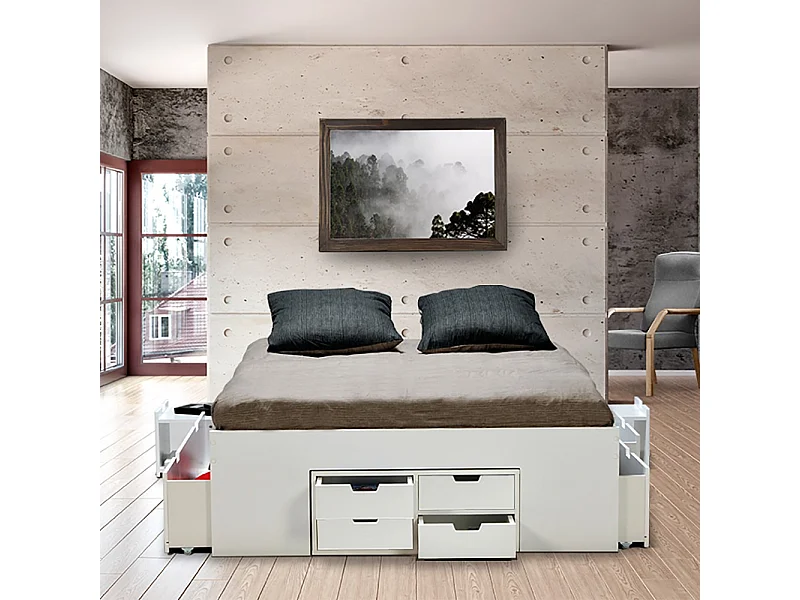 Lit double JAZZ 160x200 7 tiroirs + 2 chevets / Blanc