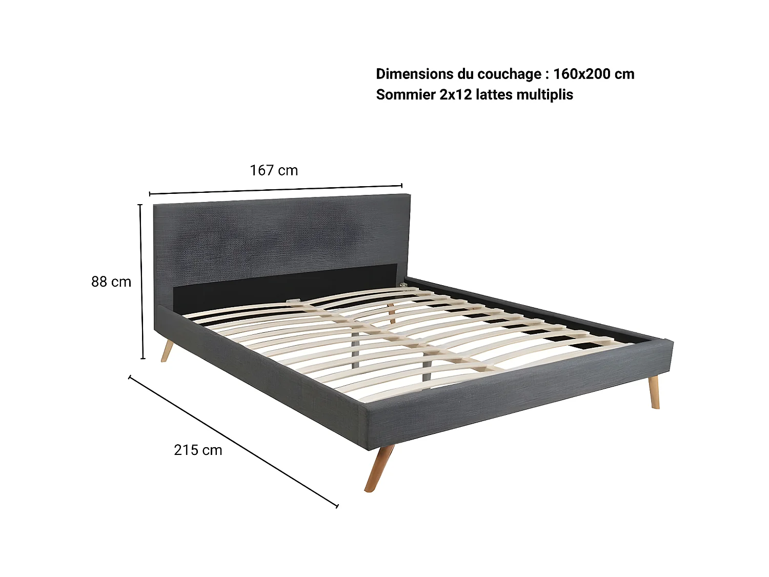 Lit FJORD 160x200 + 1 sommier / tissu Gris Foncé