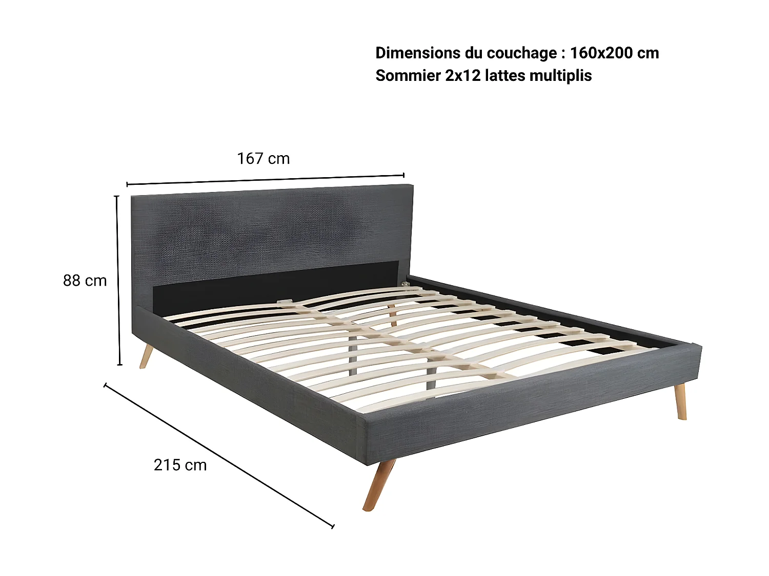 Lit FJORD 160x200 + 1 sommier / tissu Gris Foncé