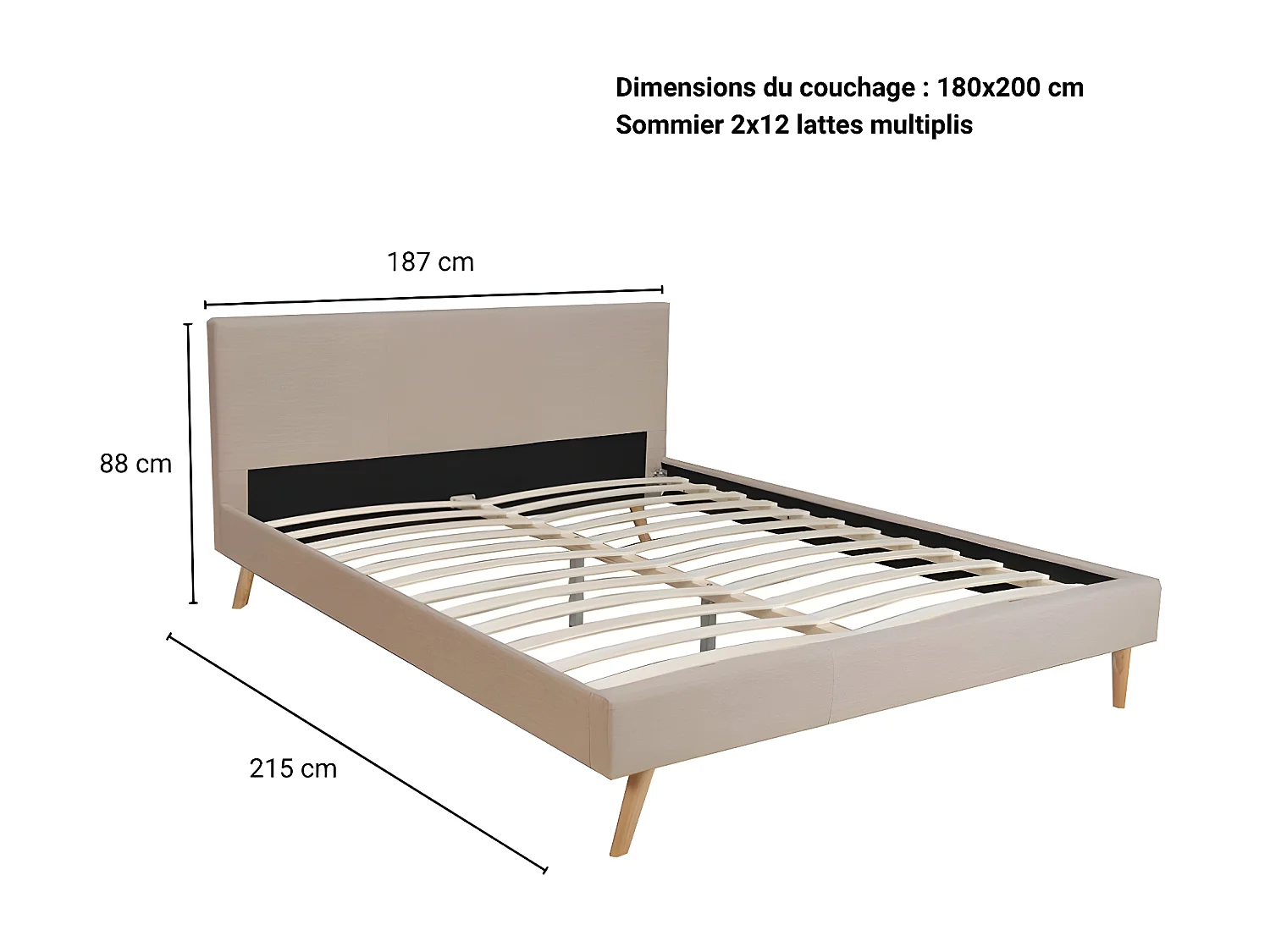 Lit FJORD 180x200 + 1 sommier / Tissu Beige