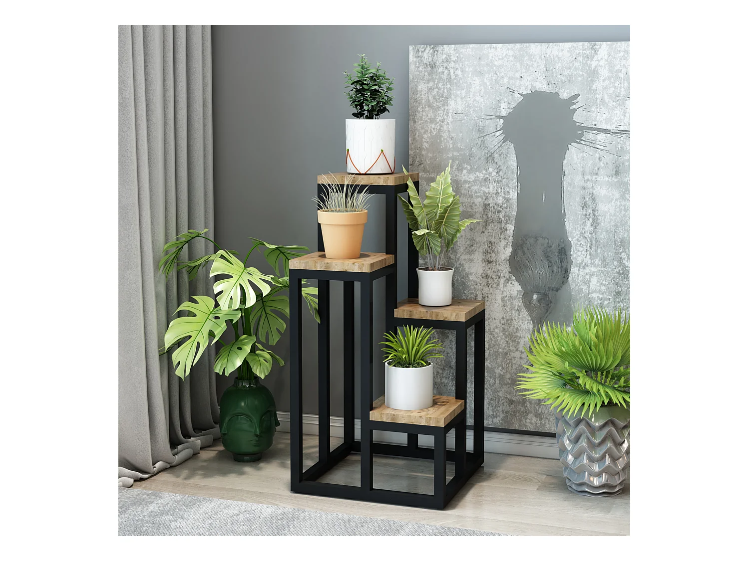 Étagère à plantes Ameland 4 niveaux noir effet bois [en.casa]