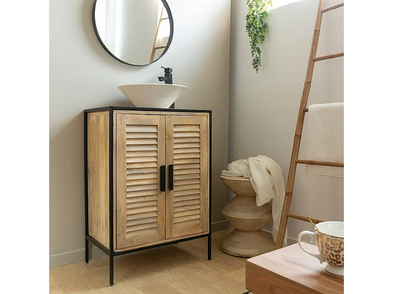 Mueble de baño con lavabo de madera de mango y metal Coralie con almacenamiento - Estilo industrial - Marrón