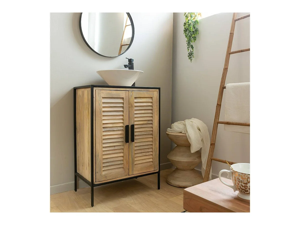 Mueble de baño con lavabo de madera de mango y metal Coralie con almacenamiento - Estilo industrial - Marrón