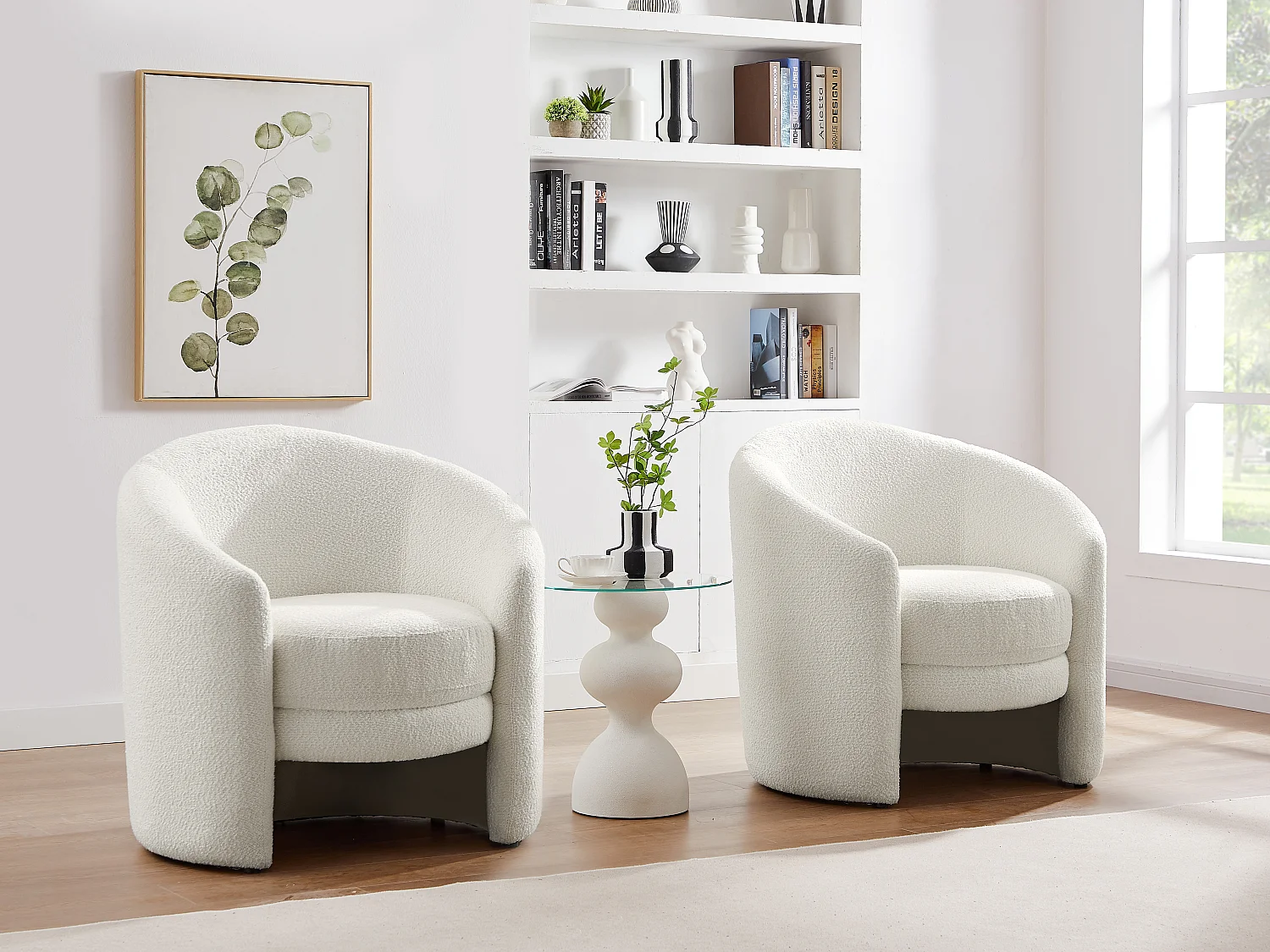 Fauteuil arrondi en tissu bouclette blanc RUOTO