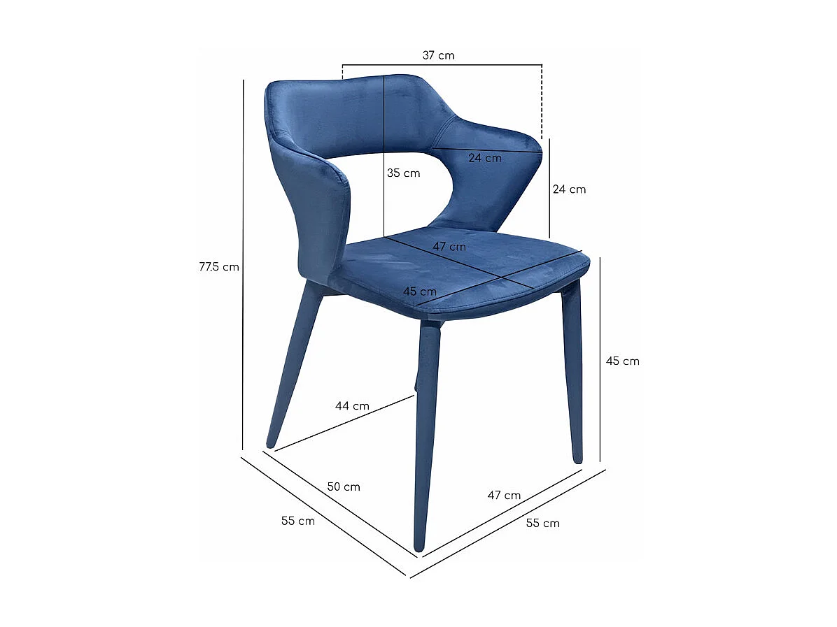 Chaise en velours bleu avec accoudoirs et pieds velours - SWEET