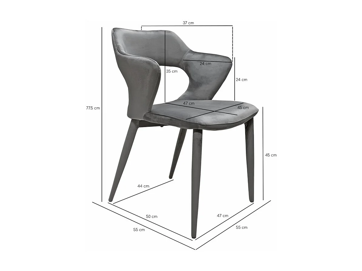 Chaise en velours gris avec accoudoirs et pieds velours - SWEET