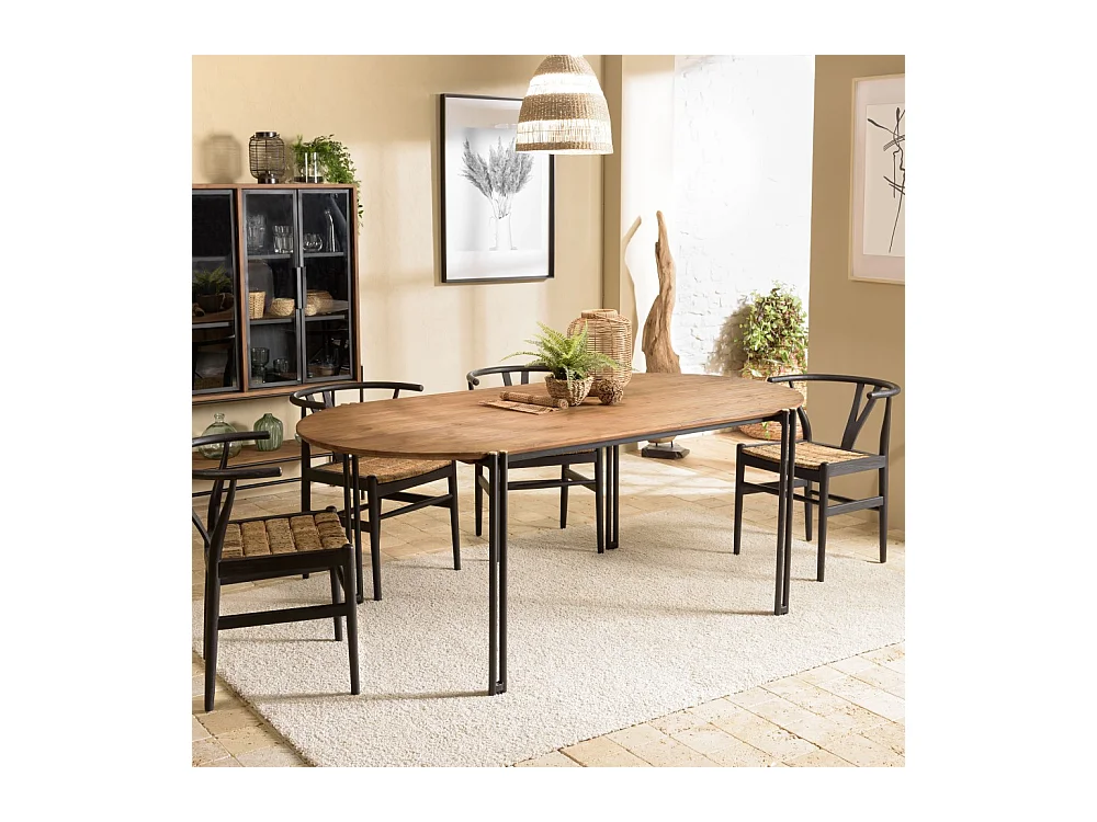 SIXTINE - Table à manger ovale 200x105cm plateau bois de teck recyclé