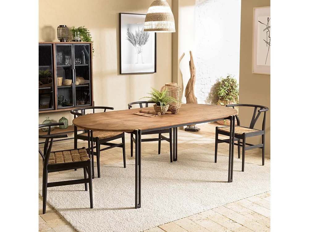 SIXTINE - Table à manger ovale 200x105cm plateau bois de teck recyclé