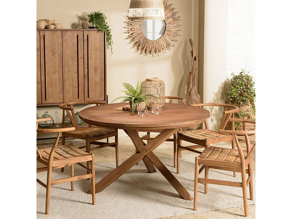 SIXTINE - Table à manger ronde 130x130cm en bois de teck recyclé