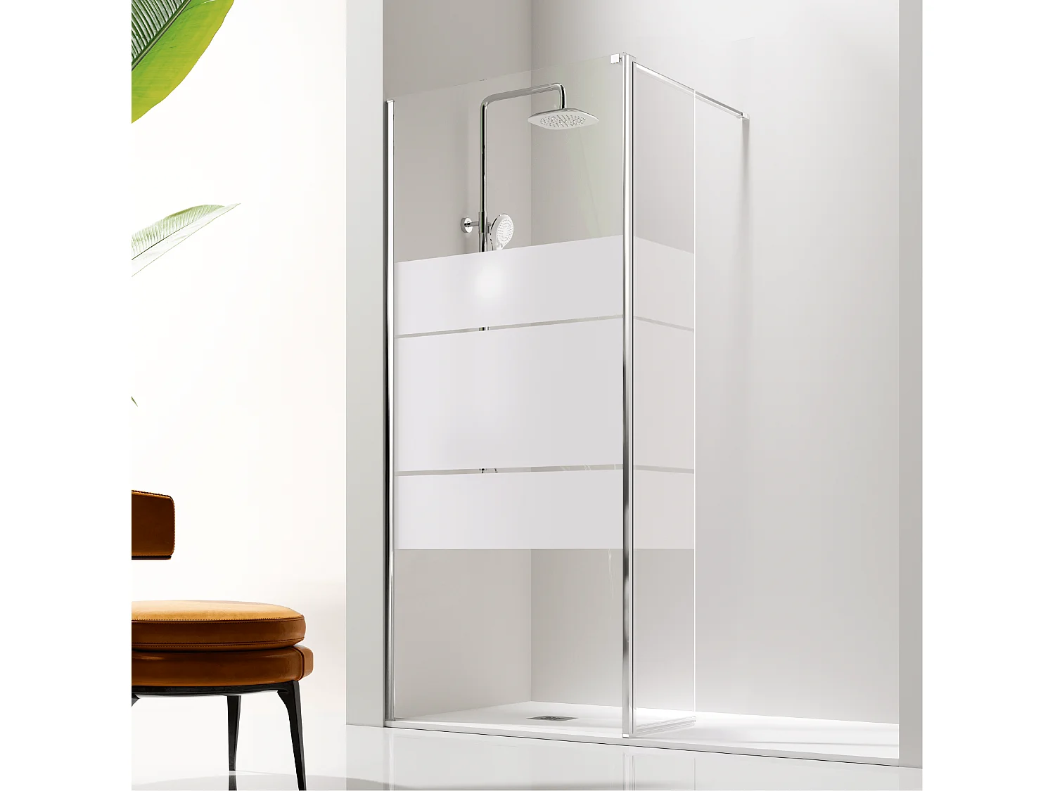 Panel fijo de ducha + Puerta abatible GIRO Cristal serigrafiado