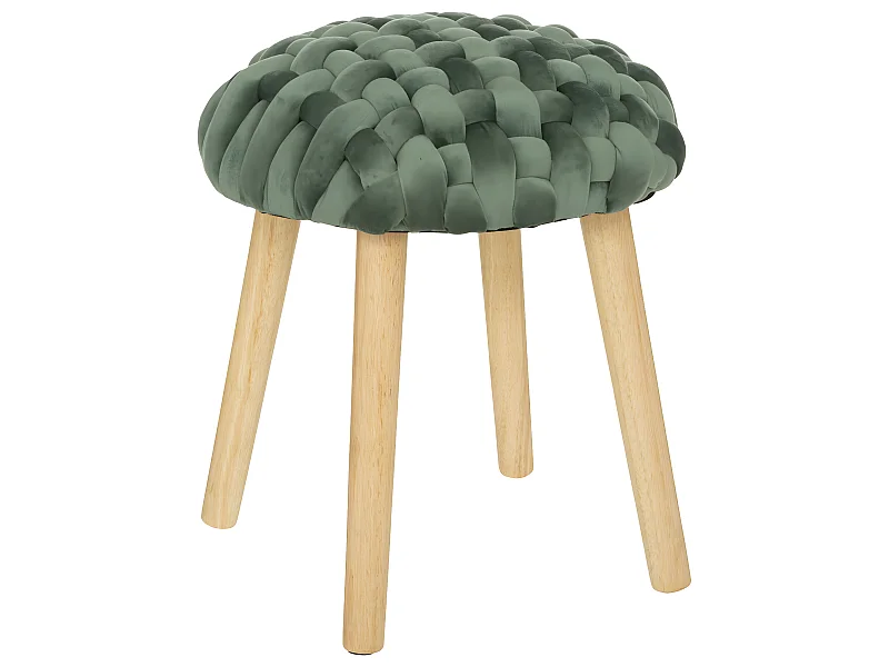 Tabouret pied en Bois et Assise Tricot Velours Vert Jade