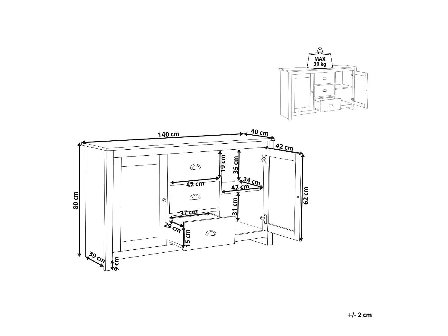 Halbhoher Wohnzimmerschrank Holzoptik mit 2 Türen 3 Schubladen Klassisch Lansin