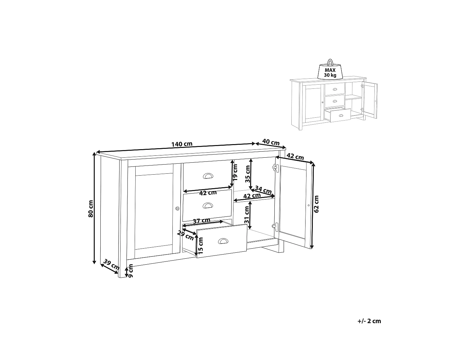 Halbhoher Wohnzimmerschrank Holzoptik mit 2 Türen 3 Schubladen Klassisch Lansin