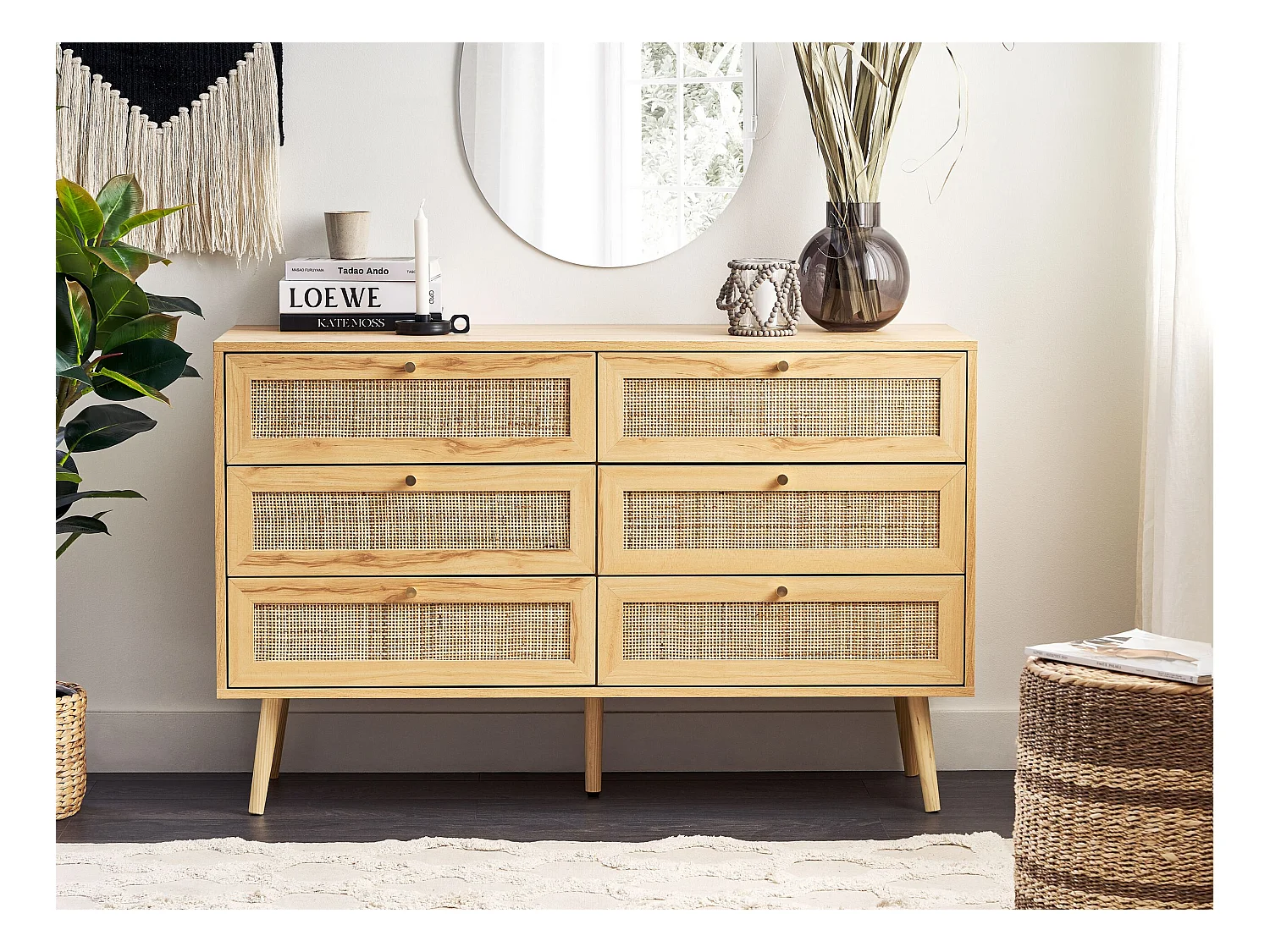 Cómoda de 6 cajones PEROTE Ratán Marrón claro