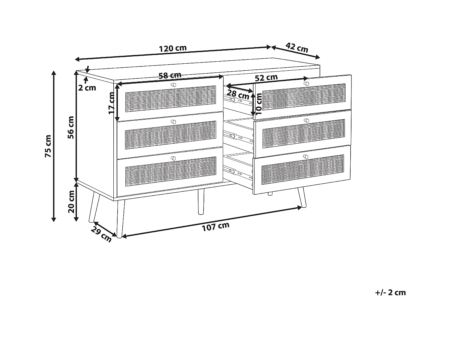 Cómoda de 6 cajones PEROTE Ratán Marrón claro