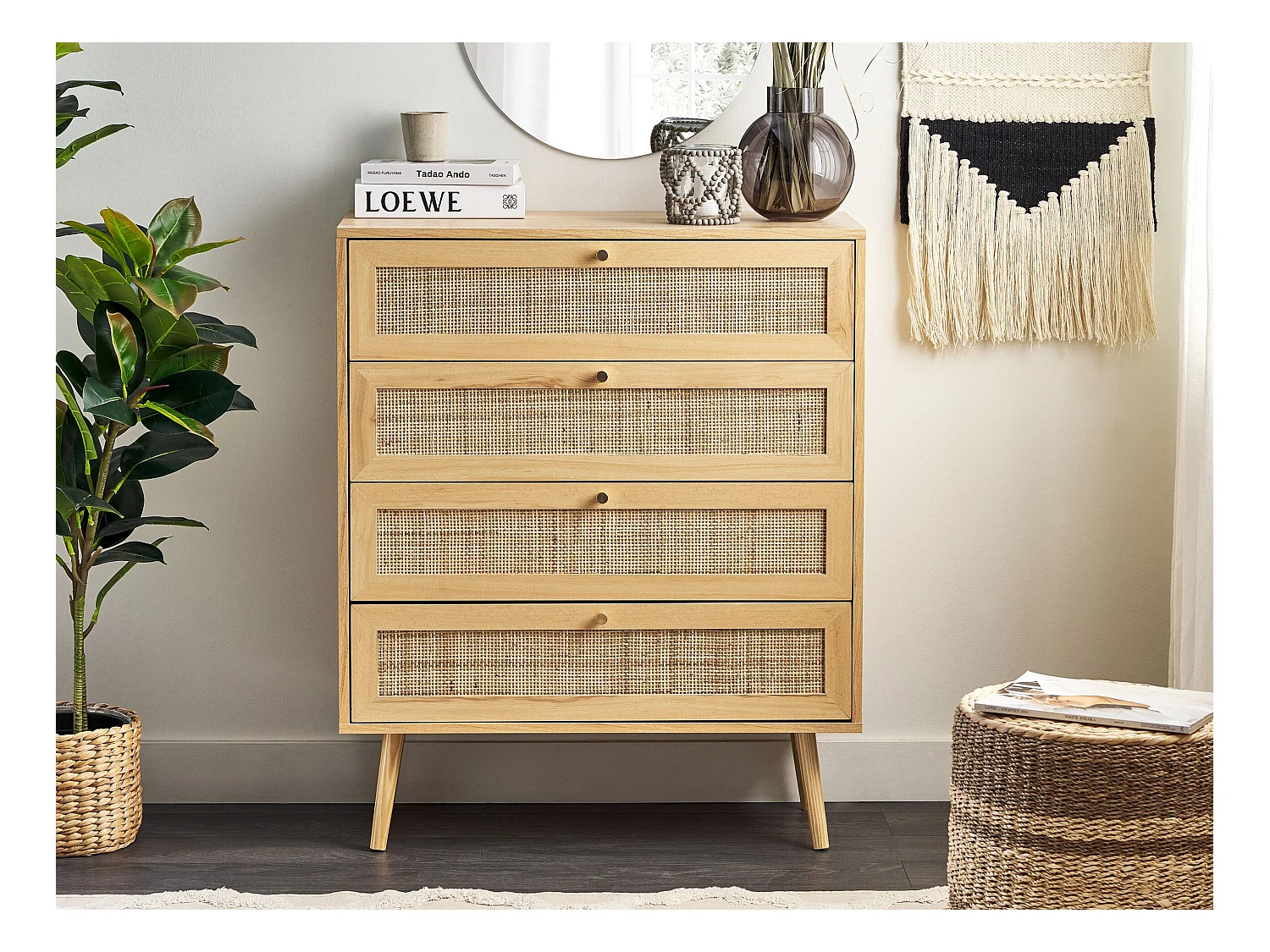 Kommode mit 4 Schubladen aus hellbraunem Rattan im Boho-Stil Perote