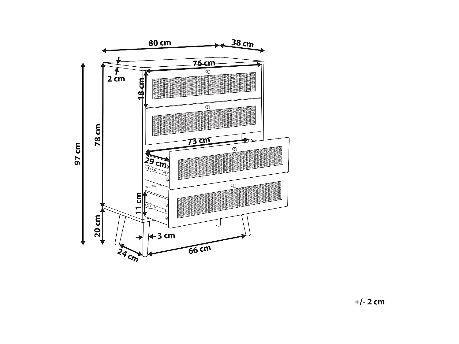 Kommode mit 4 Schubladen aus hellbraunem Rattan im Boho-Stil Perote