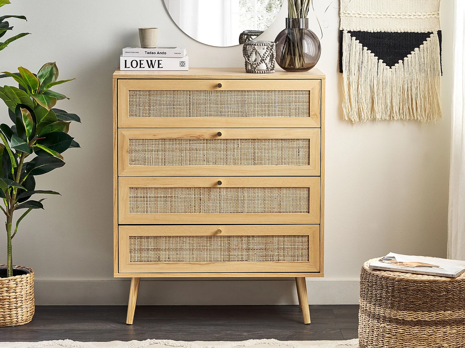 Kommode mit 4 Schubladen aus hellbraunem Rattan im Boho-Stil Perote