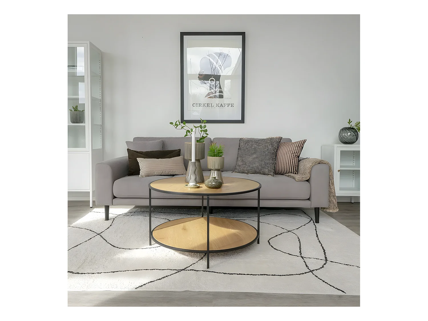 VOLLRAD - Table Basse Ronde Acier et Effet Bois Naturel