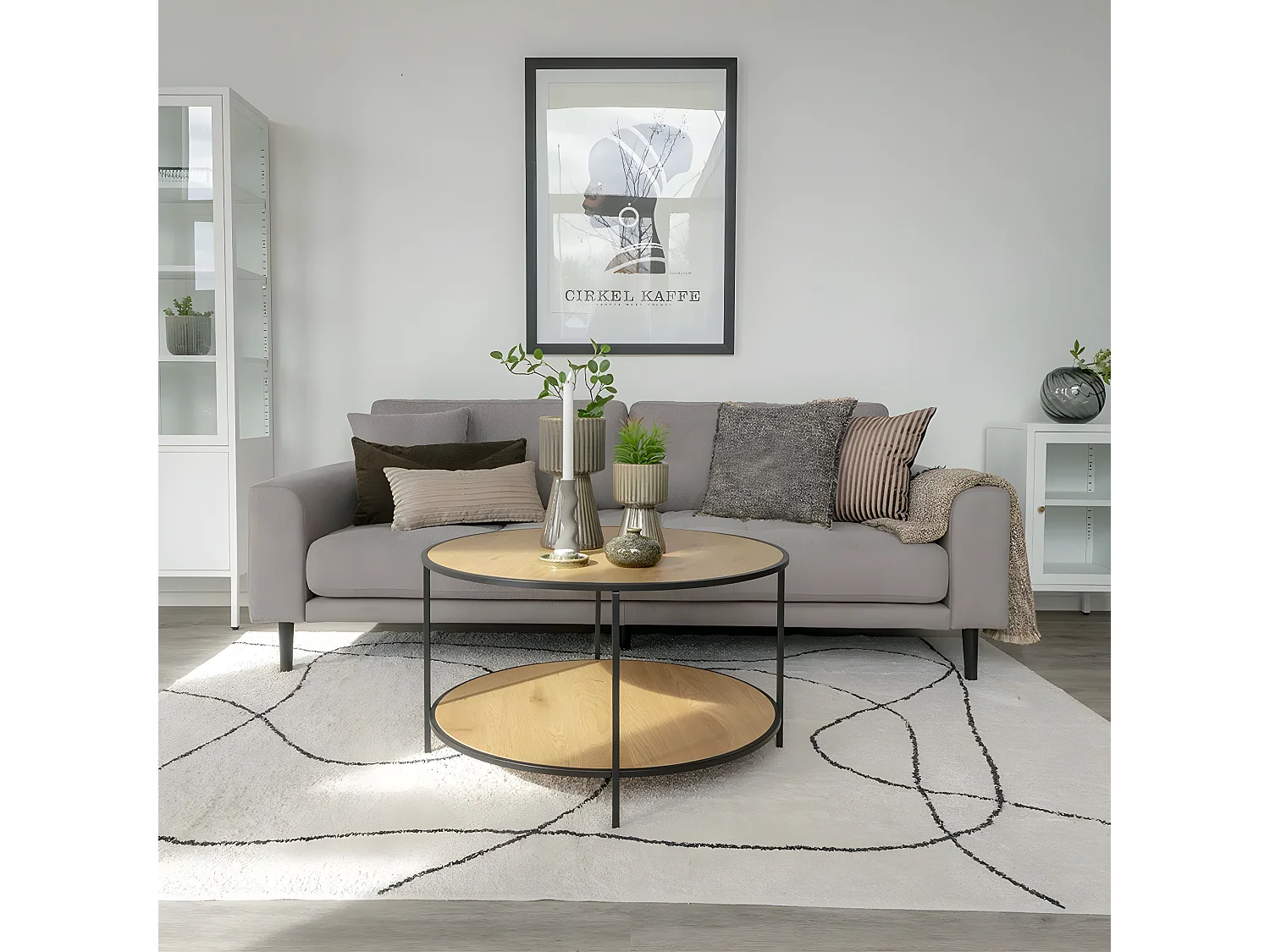 VOLLRAD - Table Basse Ronde Acier et Effet Bois Naturel