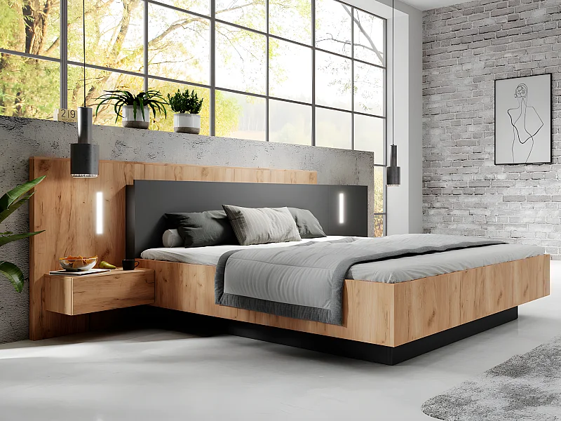 Bett mit integrierten Nachttischen - 160 x 200 cm - 2 Schubladen + LEDs + Lattenrost - Naturfarben & Anthrazit - FRANCOLI