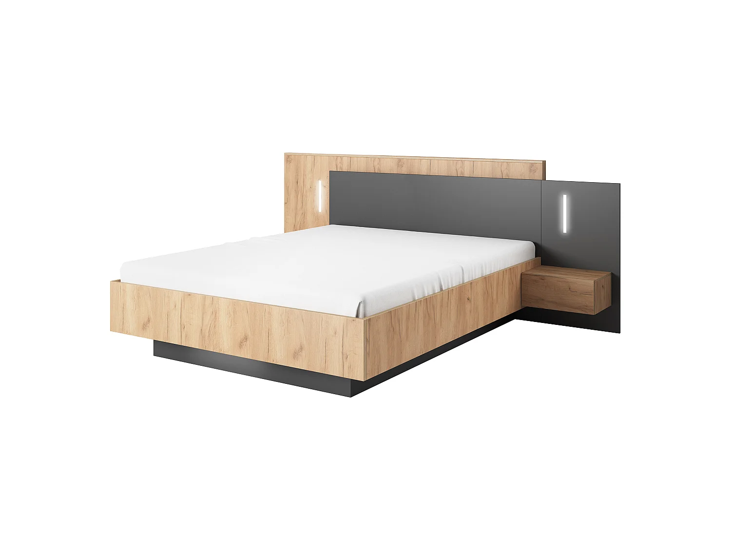 Lit avec chevets 160 x 200 cm - 2 tiroirs - Avec LEDs - Coloris : Naturel et anthracite + Sommier - FRANCOLI